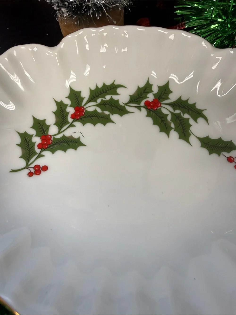 Vintage Ruffled Candy Dish Holiday Holly - White with Green & Red made in Japan